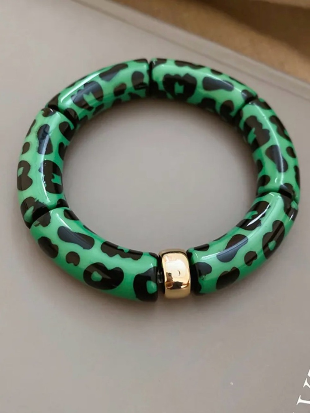 Green Leopard Print Bangle Bracelet with Gold Accent